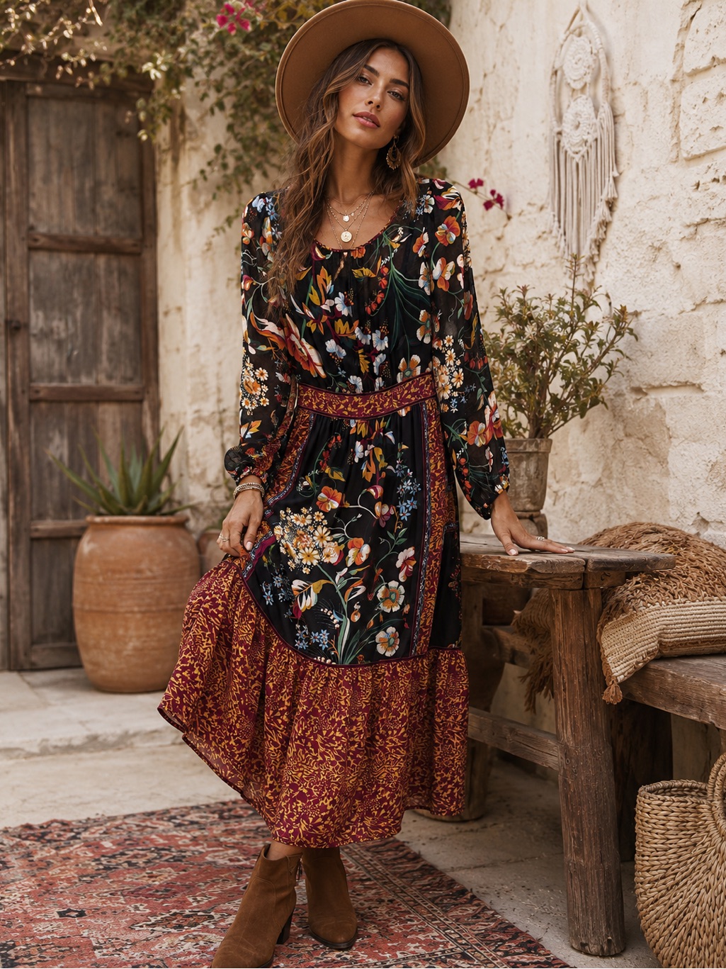 Anthropologie Adair Velvet-Trimmed Midi Floral Black Cottage Boho Dress
